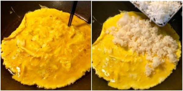 Hur man lagar stekt ris med ägg: Stek äggen och tillsätt riset