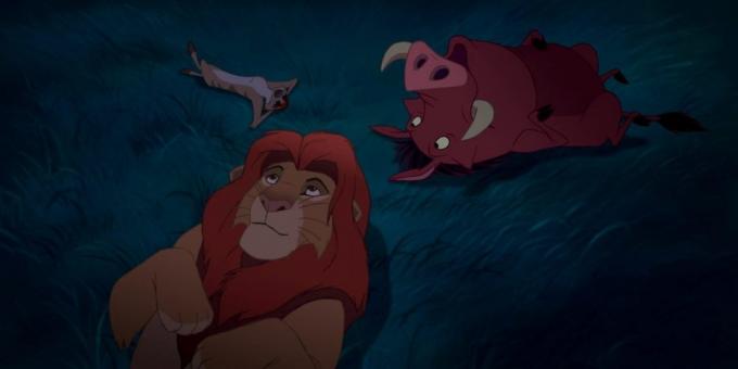 Tecknade "The Lion King": Simba, Timon och Pumbaa är under natthimlen och tänka på vilken typ av stjärnor