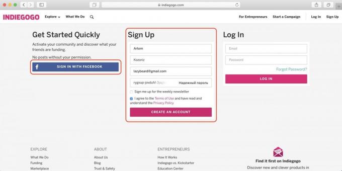 Hur köper på Indiegogo: ange namn, e-post och lösenord, eller logga in med Facebook