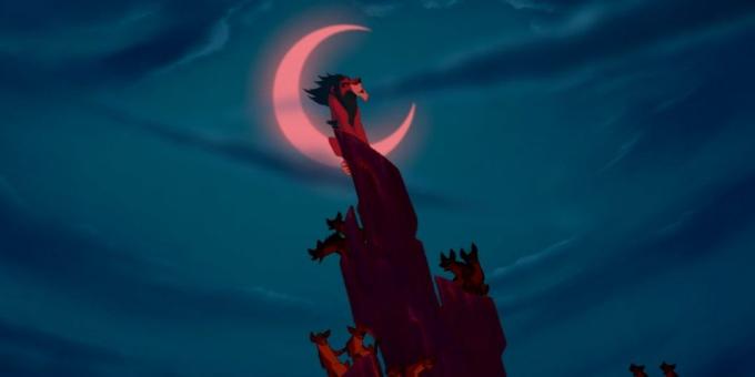 Tecknade "The Lion King" bara passar i den slutliga musikaliska nummer beredas Scar figur i glittrande halvmåne på natthimlen