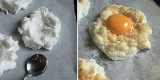 Äggröra: recept. Tillsätt lite riven ost, rå äggula i mitten och sätt tillbaka allt i ugnen