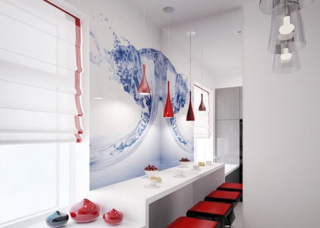 Litet kök design: de blanka speglar och möbler