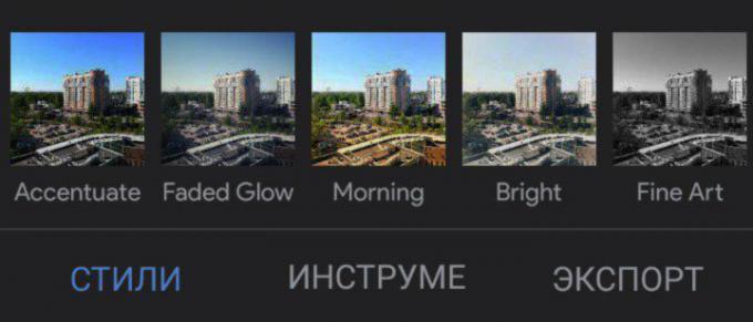Tab "stil", "Verktyg" och "Export" i redigeringsfönstret Snapseed