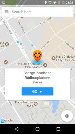 Hur man ändrar plats: Välj en falsk position på kartan och klicka på GO-knappen