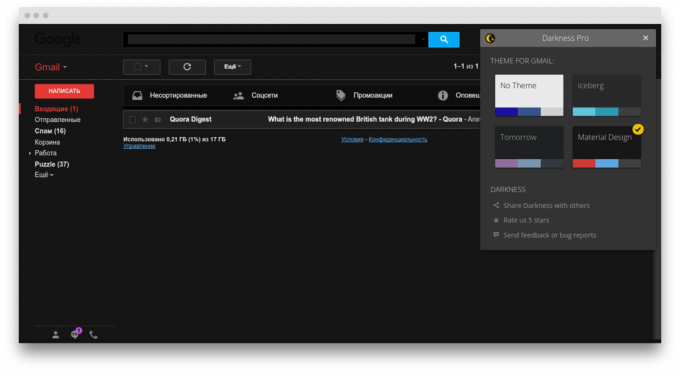 Gmail gränssnitt till utbyggnaden av mörker
