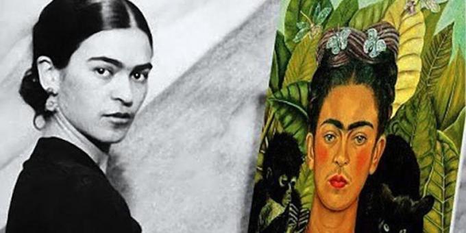 Frida Kahlo med sin självporträtt