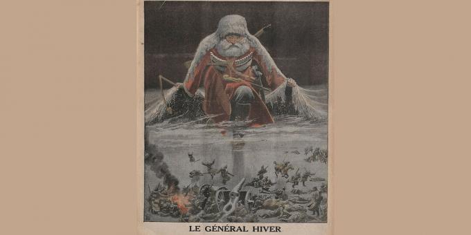 Historia om det ryska imperiet: "General Winter avancerar mot den tyska armén", illustration av Louis Bomblay från Le Petit Journal, januari 1916. 
