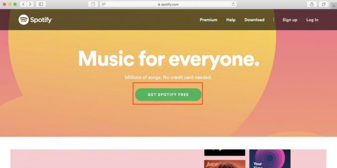Hur man använder Spotify i Ryssland: öppet Spotify hemsida och klicka på Get Spotify gratis knapp
