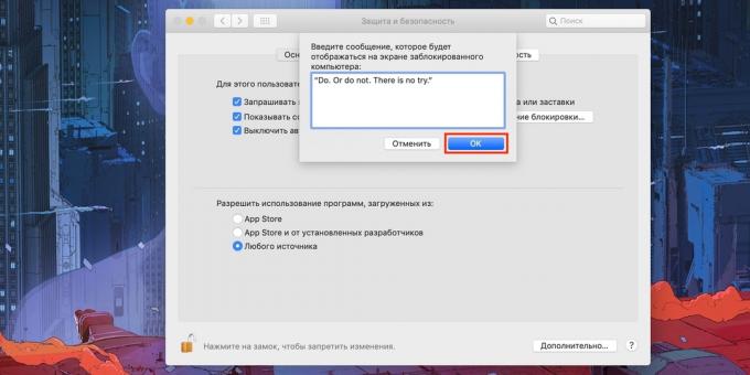 Meddelanden på Mac Lås skärmen: Skriv den text du vill ha och bekräfta med "OK"