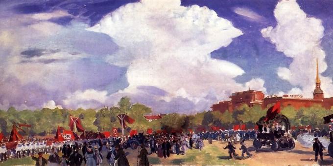 Det var demonstrationer på Labor Day. B. M. Kustodiev, majstaden. Petrograd. Field of Mars 