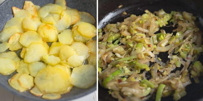 Potatis omelett: Stek lök och potatis