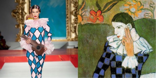 Modell Moschino och Picasso "lutande Harlequin"