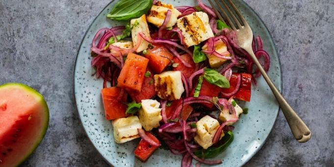 Sallad med vattenmelon och halloumi