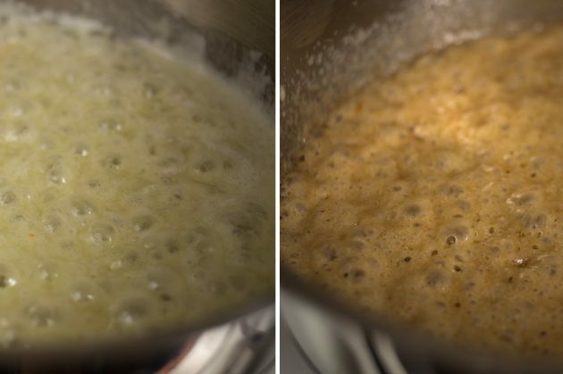 Hur man gör franska pannkakor: efter 3-4 minuter får karamellen en trevlig gyllenbrun nyans