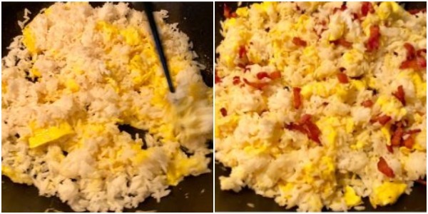 Hur man lagar stekt ris med ägg: När riset värms, tillsätt bacon, salt och soja och blanda väl
