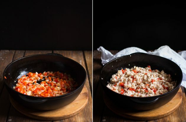 Hur man gör enchilada: sauté lök, paprika och malet kött