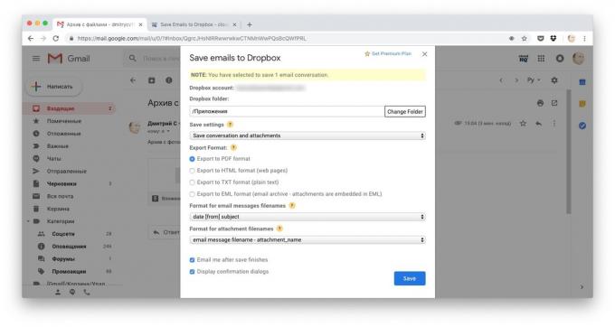 Sätt att ladda ner filer till Dropbox: kopiera hela brevet från Spara e-post till Dropbox