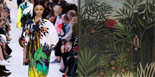 Valentino modell och en målning av Henri Rousseau "Apor och en papegoja i en urskog"