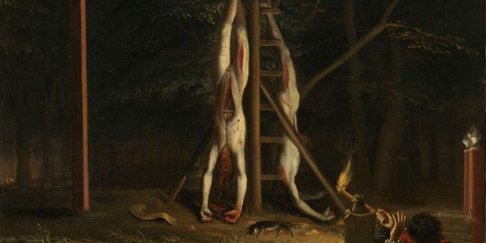 Jan och Cornelis kroppar på galgen. Målning av Jan de Baen