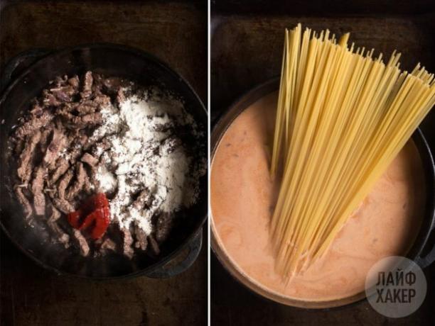 Nötköttpasta i tomatkrämsås: Rör om innehållet i pannan och tillsätt spagetti