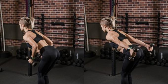 De bästa övningar för triceps: förlängningsarmar med hantlar i backen