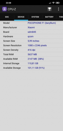 granska Xiaomi Pocophone F1: CPU-Z
