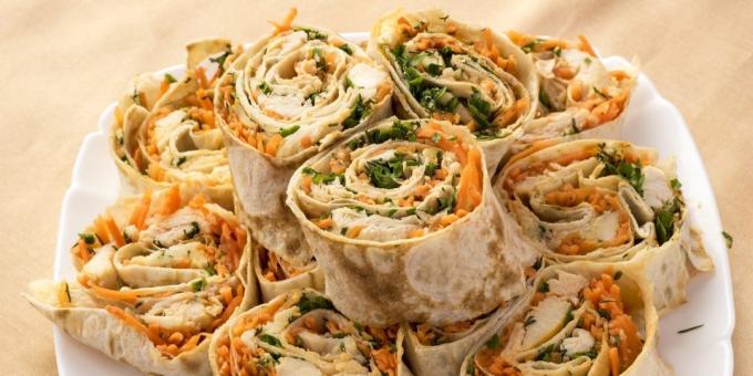 Roll från lavash med kyckling och koreanska morötter: enkelt recept