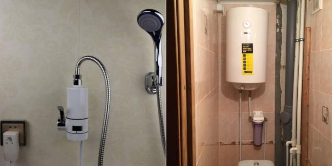 Kompakt momentana varmvattenberedare i badrum väggen och panna av 80 liter, placeras ovanför toaletten