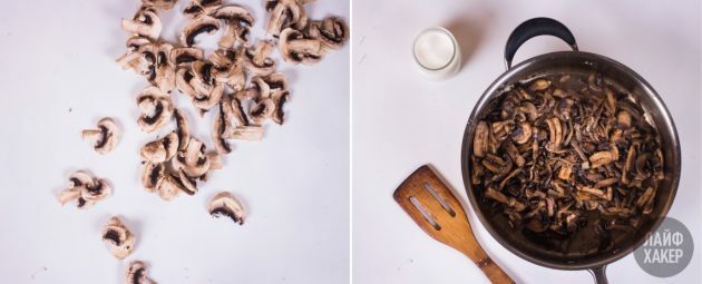 Pannkaka rulle: sauté svamp, lök och vitlök