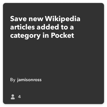 IFTTT Recept: Spara ny Wikipedia-artiklar som läggs till en kategori i Pocket ansluter Wikipedias fickan