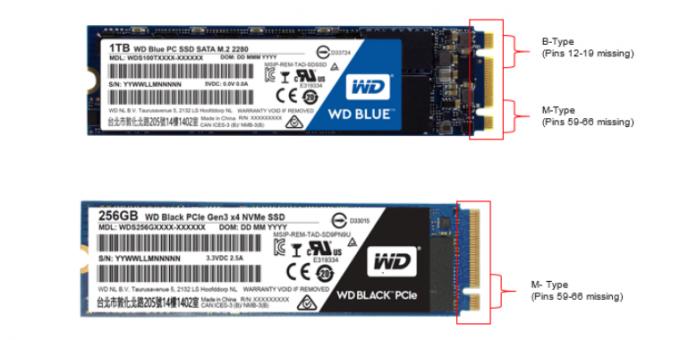 Vad som är bättre SSD: SSD M.2 c nyckel B + M (övre) och SSD M.2 med nyckel M (botten)