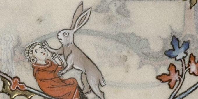 Barn från medeltiden: en hare attackerar en man, Breviary av Renaud de Bara