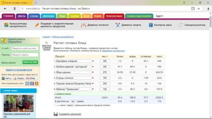 räkna kalorier: Diets.ru 2
