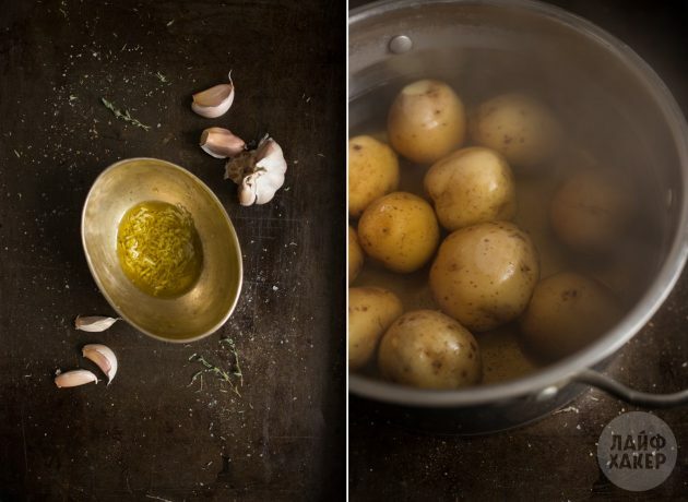 Hur man bakar potatis i ugnen: Koka potatis och koka vitlökolja
