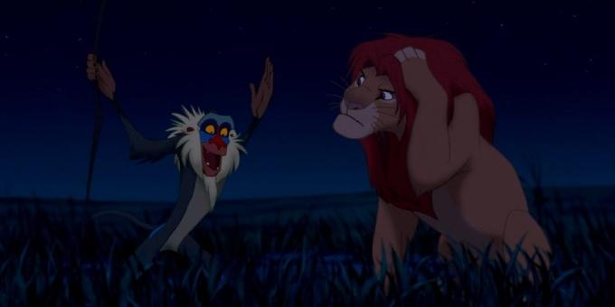 Tecknade "The Lion King" Rafiki agerar i rollen som excentriska salvia som ger förståelse för den unge hjälten