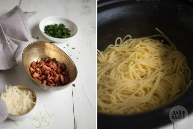Hur man gör carbonara pasta: sauté bacon och koka spaghetti