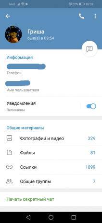 Förändringar Telegram 5.0 för Android: Användarprofil