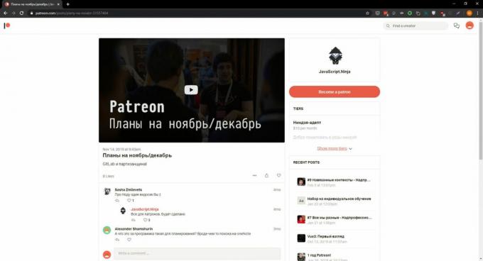 Exempel på inlägg på författarsidan för Patreon